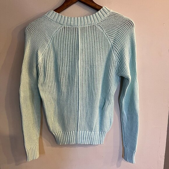 LOFT Women's Light Blue Open Stitch V-Neck Sweater Size XS NEW - Picture 2 of 6